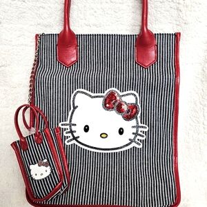 Hello Kitty Sanrio 2005 Blue Denim Stripe Tote & Flip Phone Pouch Accessory Bag
